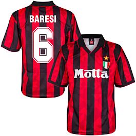 Score Draw AC Milan Home Baresi 6 Retro Shirt 1993-1994 Retro Flock Printing