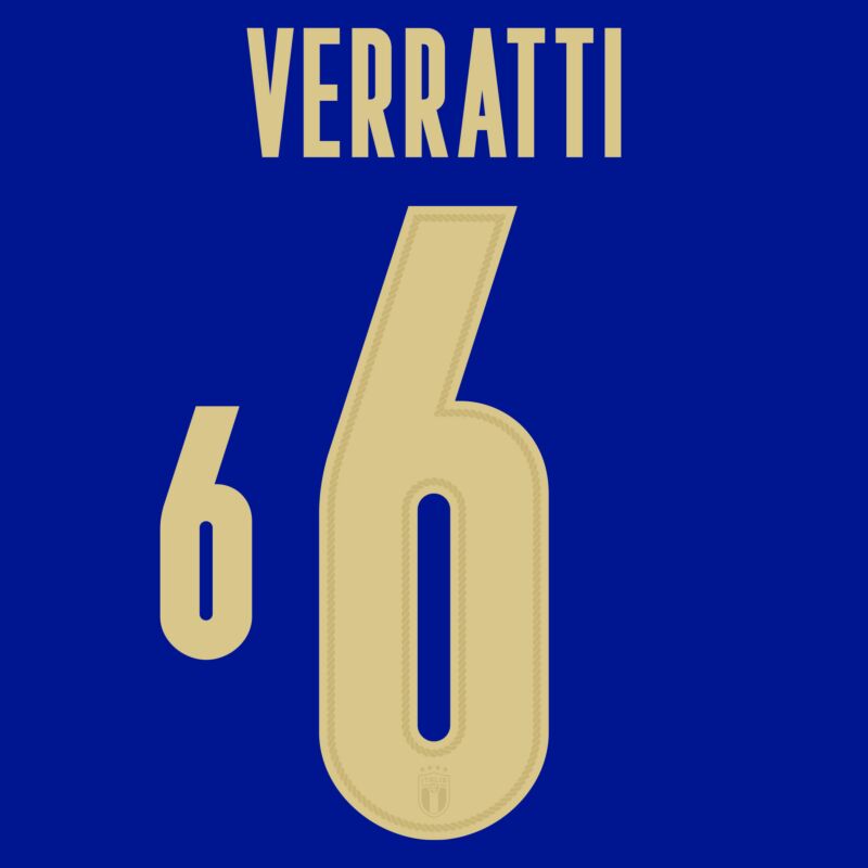 2020 2021 OFFICIAL ITALY HOME GOLD NAME SET VERRATTI 6 = PLAYER SIZE 