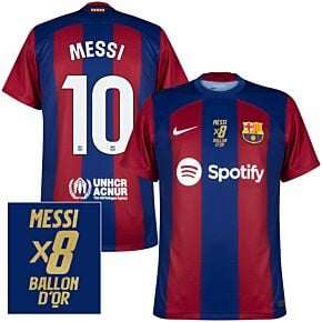 23-24 Barcelona Home Shirt + Messi 10 x8 Ballon D’or Winners Print