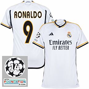23-24 Real Madrid Home Shirt + Ronaldo 9 (Legend Printing) + UCL Starball 14 Times UEFA Foundation Patch
