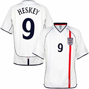 2002 England Home Retro Shirt + Heskey 9 (Retro Flock Printing)