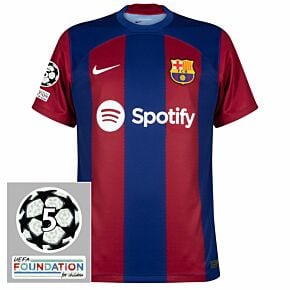 23-24 Barcelona Home Shirt + UCL 5 Times Starball & UEFA Foundation Patches