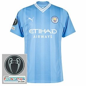 23-24 Man City Home Shirt + UCL Titleholder Trophy + UEFA Foundation Patch Set