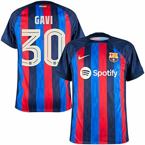 22-23 Barcelona Home Shirt + Gavi 30 (Cup Style Printing)
