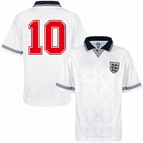 1990 England Home Retro World Cup Finals Shirt + No.10 (Retro Flock Printing)