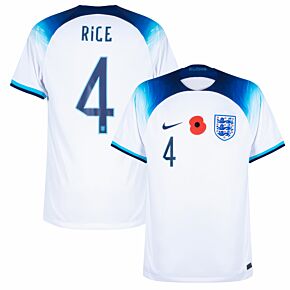 22-23 England Home Shirt + Rice 4 (Official Printing)+ British Legion Poppy