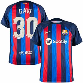 22-23 Barcelona Home Shirt - Kids + Gavi 30 (La Liga Printing)