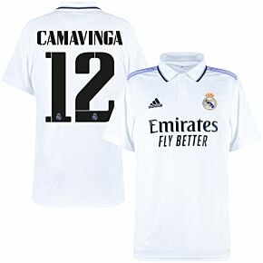 22-23 Real Madrid Home Shirt + Camavinga 12 (Official Cup Printing)