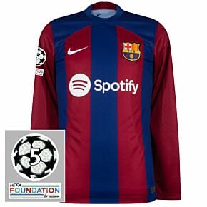 23-24 Barcelona Home L/S Shirt + UCL 5 Times Starball & UEFA Foundation Patches