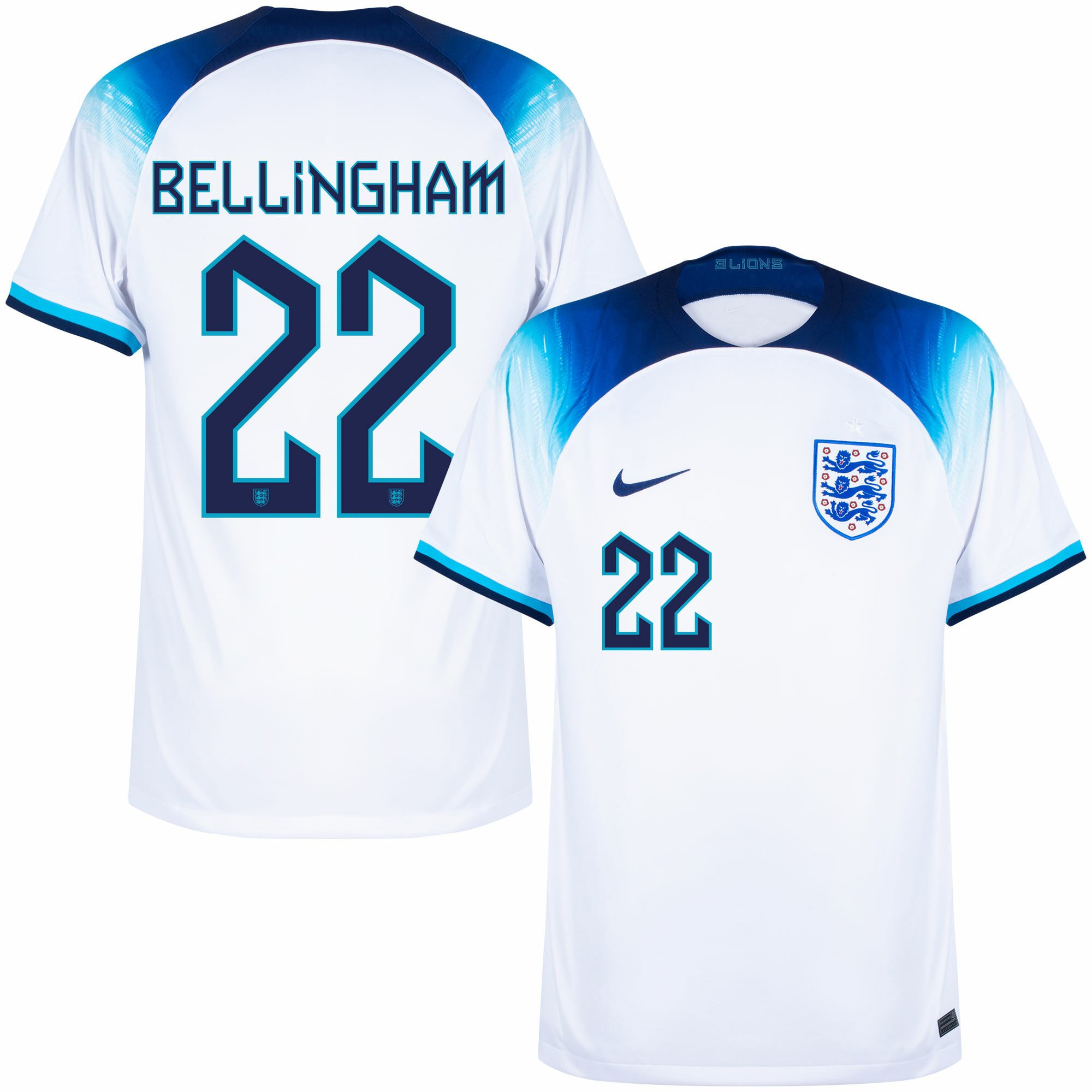 Anglie - Dres fotbalový - oficiální potisk, Jude Bellingham, číslo 22, domácí, bílý, sezóna 2022/23