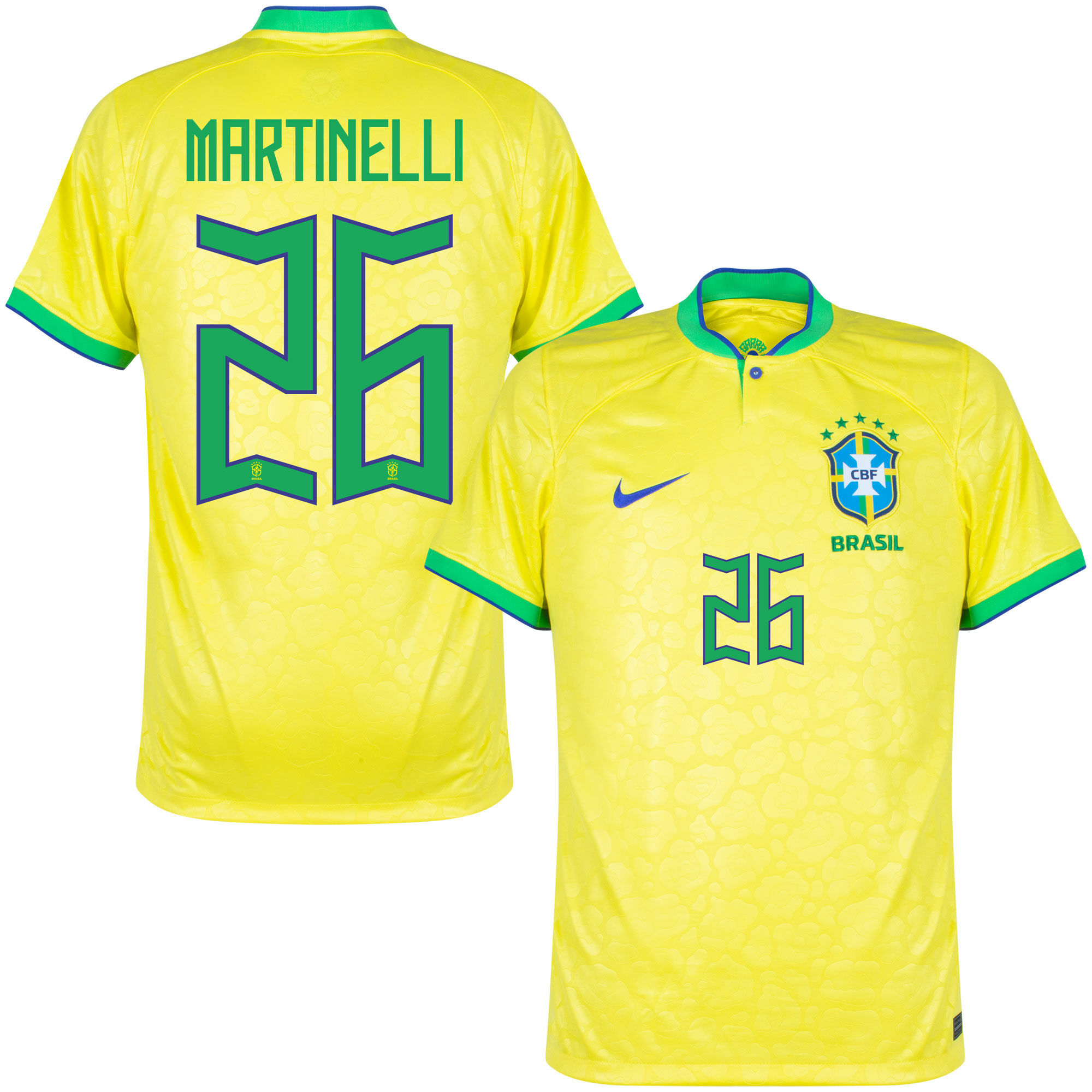 Brazílie - Dres fotbalový - Gabriel Martinelli, oficiální potisk, žlutý, domácí, sezóna 2022/23, číslo 26