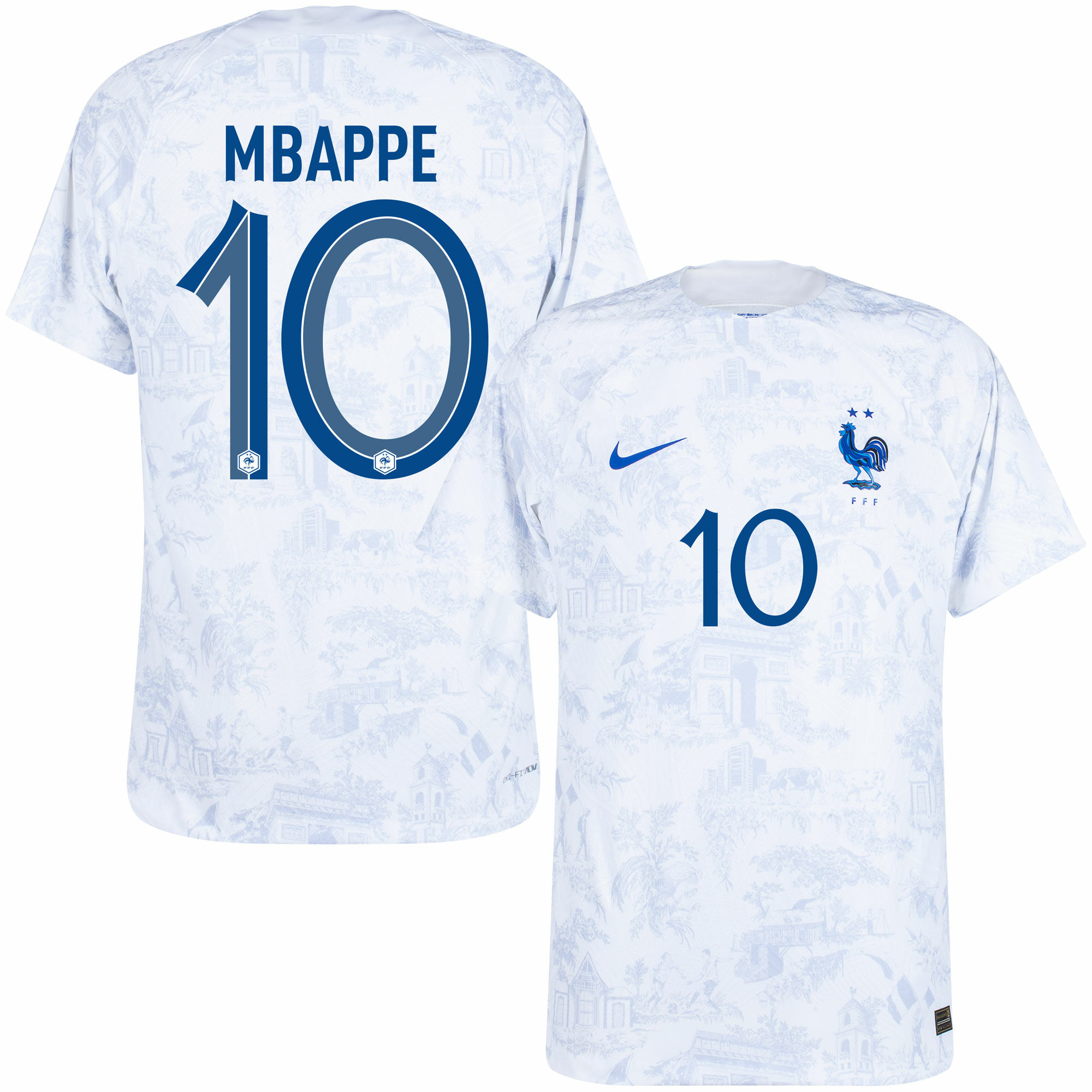 Francie - Dres fotbalový "Match" - oficiální potisk, Kylian Mbappé, číslo 10, bílý, sezóna 2022/23, Dri-FIT ADV, venkovní