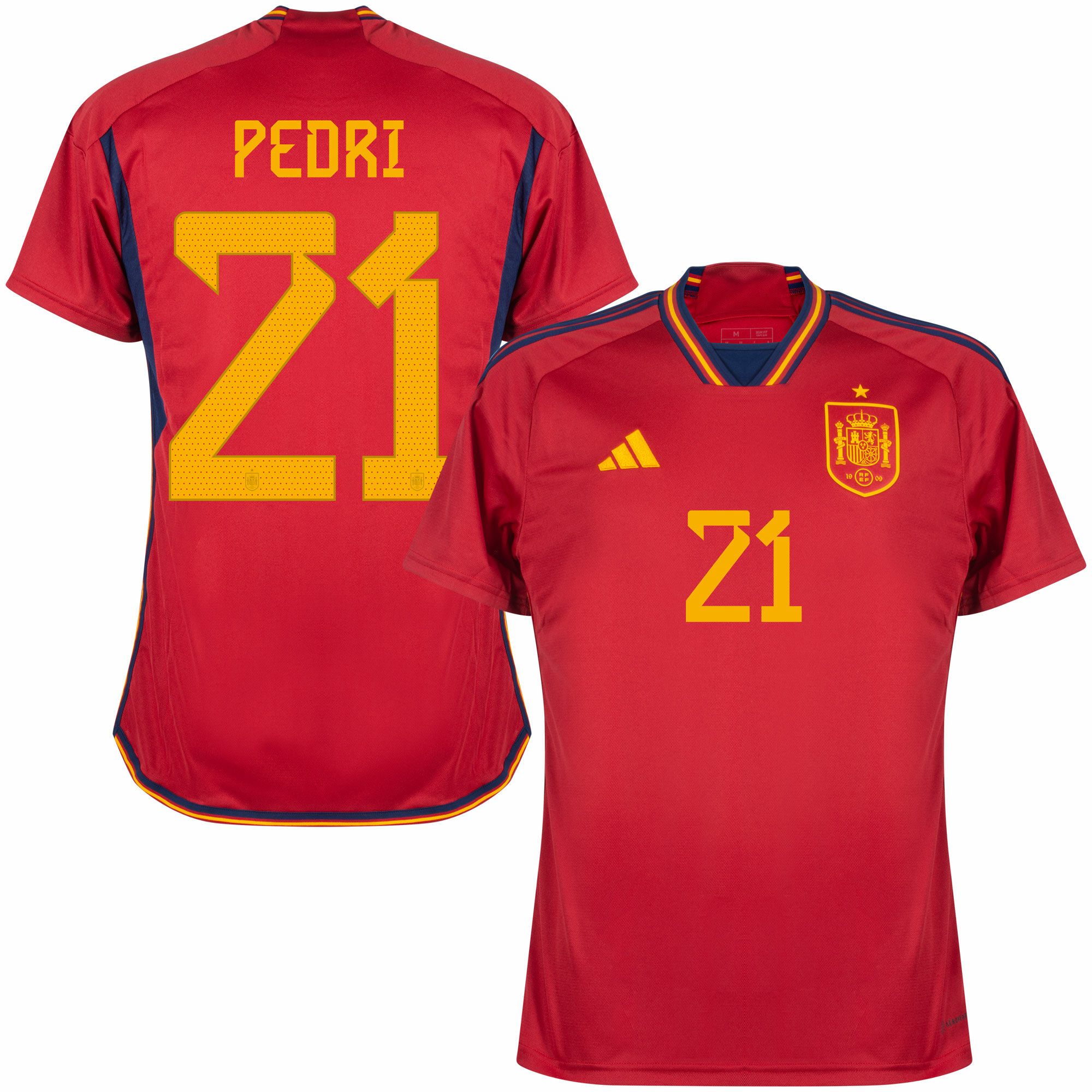 Španělsko - Dres fotbalový - Pedri, oficiální potisk, číslo 21, červený, domácí, sezóna 2022/23