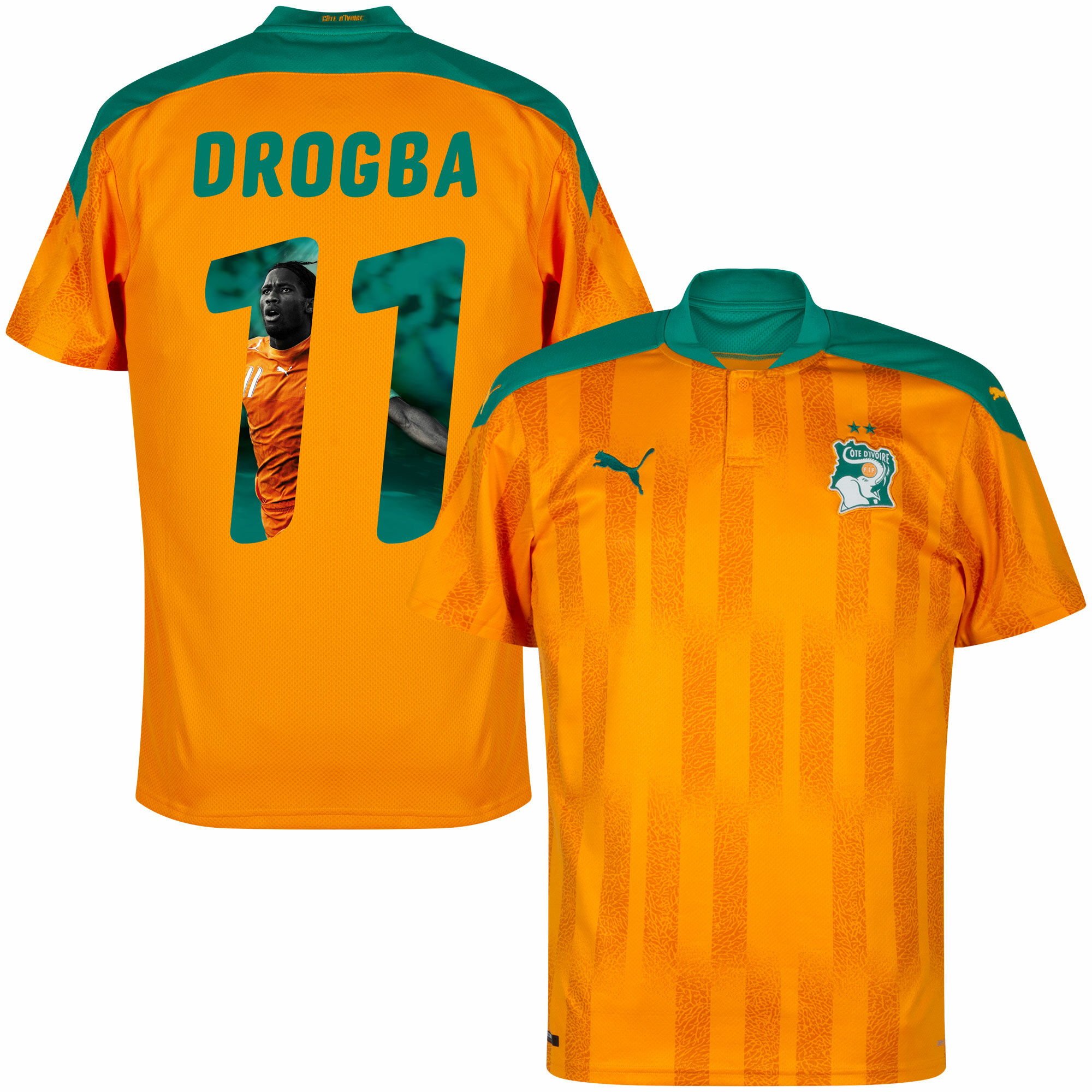Pobřeží slonoviny - Dres fotbalový - oranžový, Didier Drogba, sezóna 2020/21, domácí, číslo 11, potisk s obrázkem