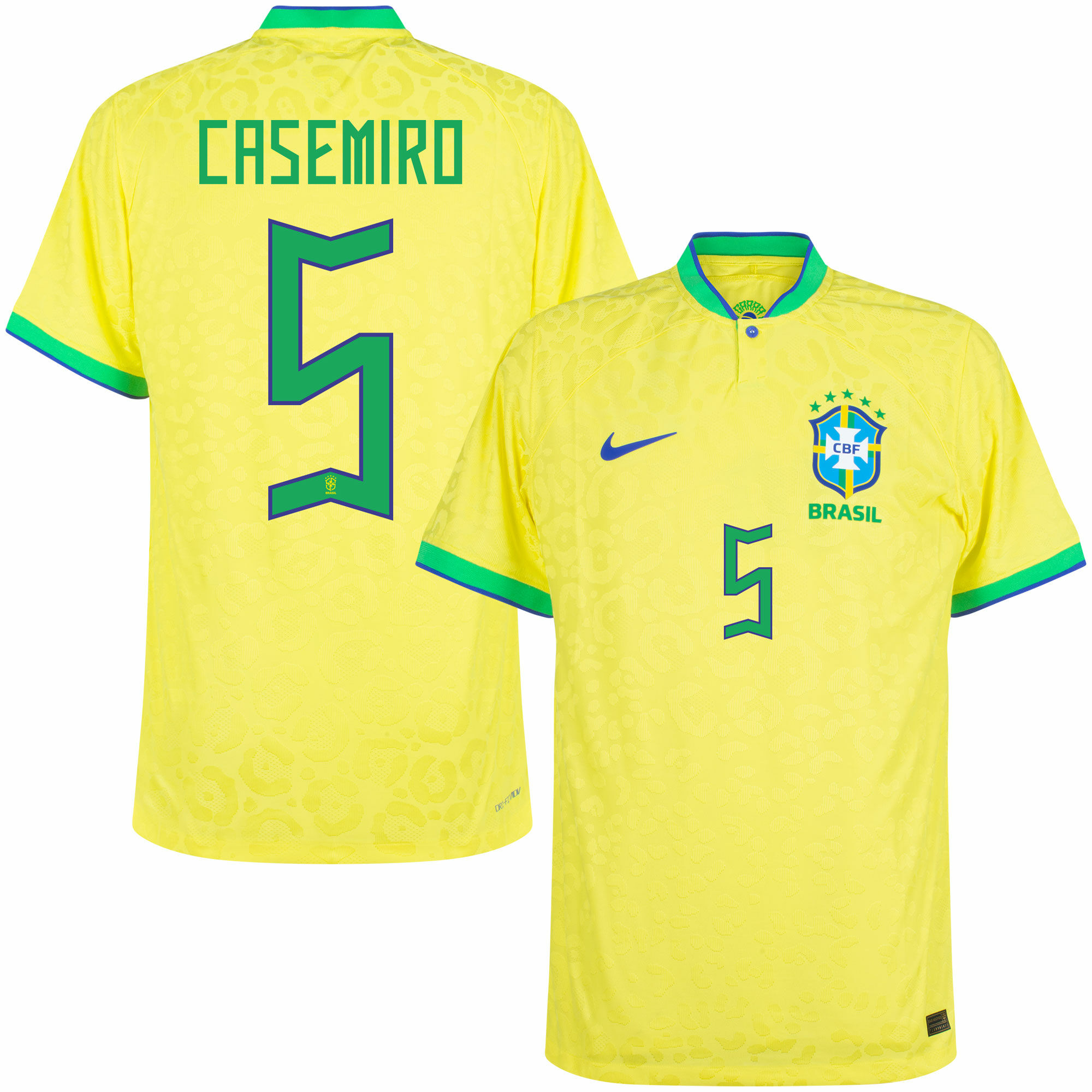 Brazílie - Dres fotbalový "Match" - Casemiro, oficiální potisk, žlutý, číslo 5, domácí, sezóna 2022/23, Dri-FIT ADV
