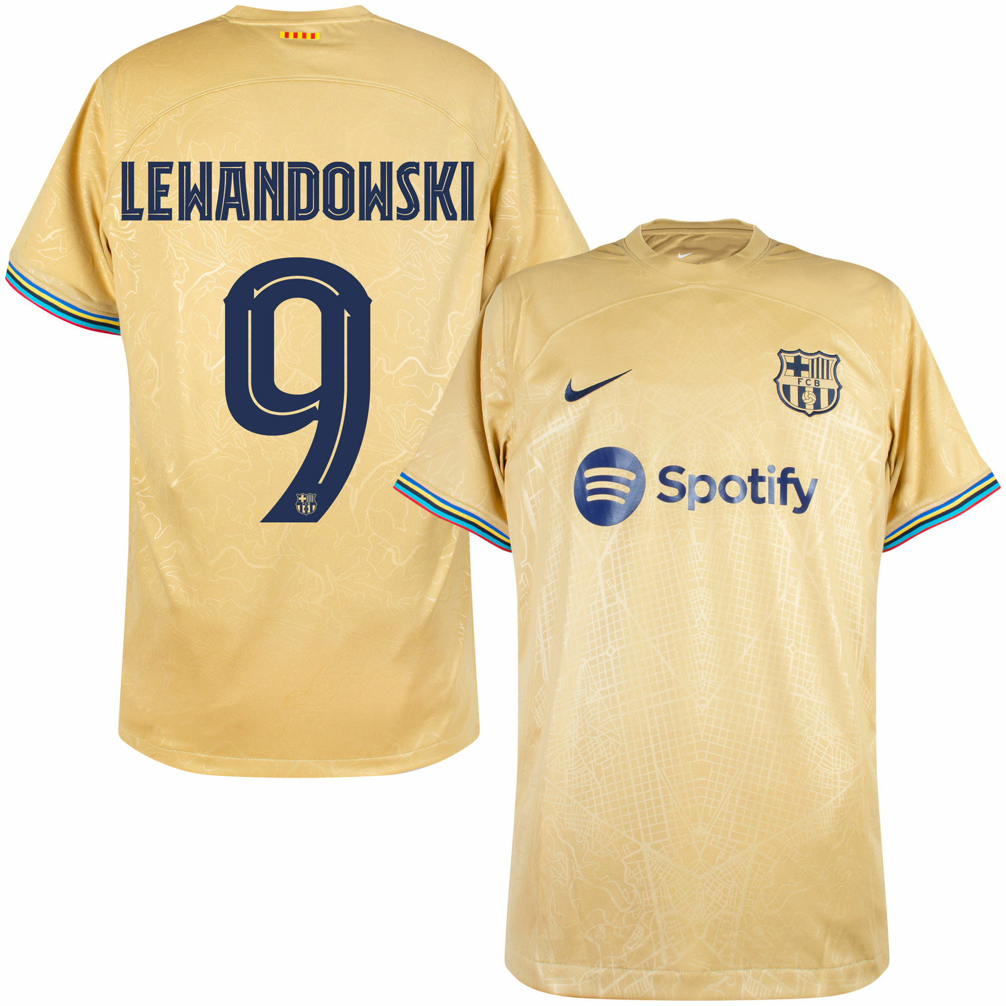 Barcelona - Dres fotbalový - Robert Lewandowski, oficiální potisk, žlutý, sezóna 2022/23, číslo 9, venkovní