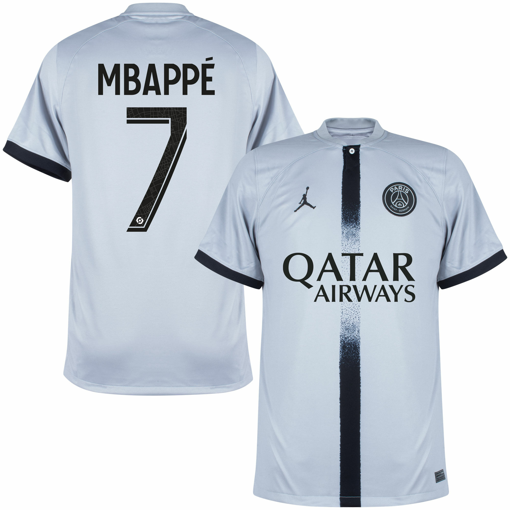 Paris Saint Germain - Dres fotbalový - Kylian Mbappé, šedý, sezóna 2022/23, potisk Ligue 1, číslo 7, venkovní