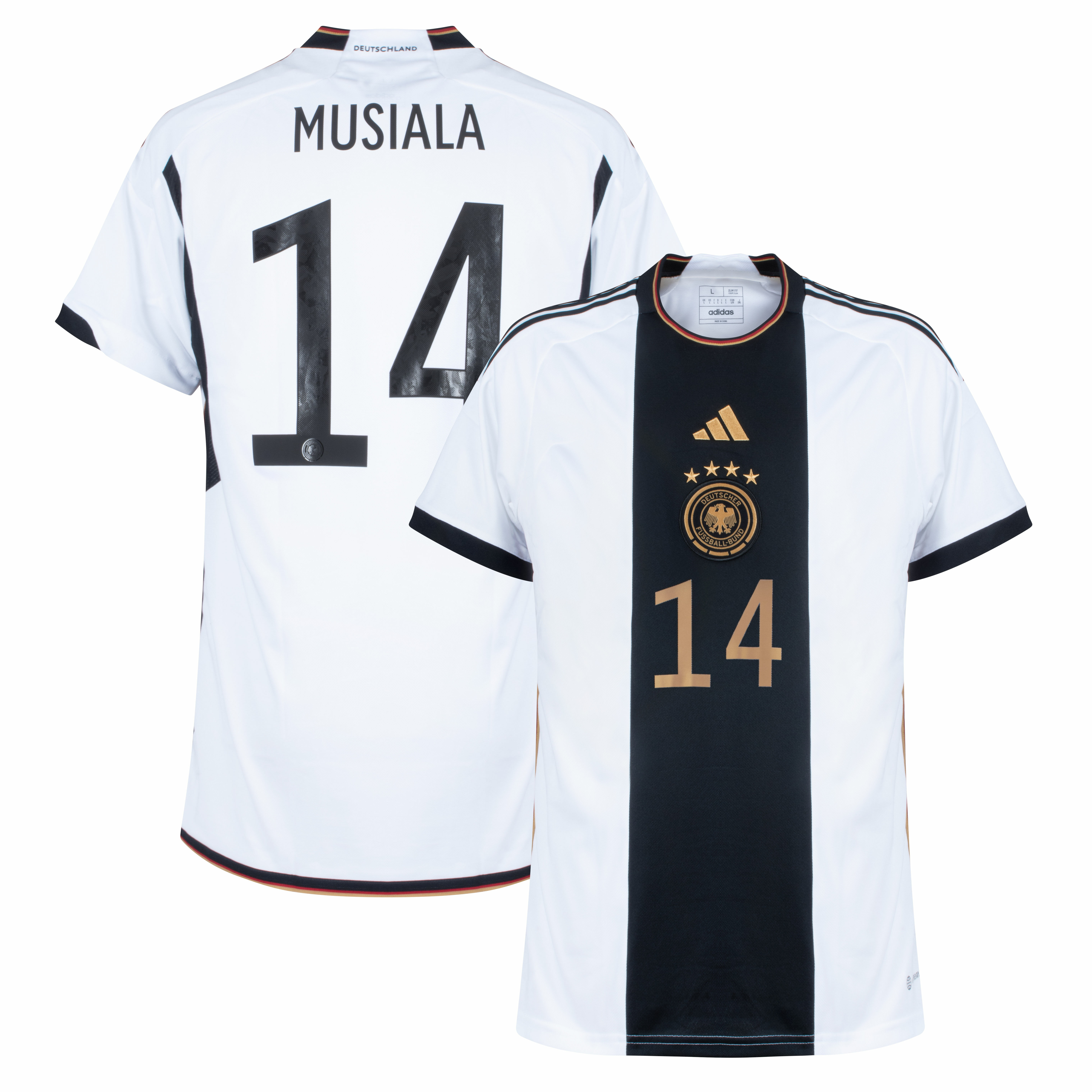 Německo - Dres fotbalový - oficiální potisk, domácí, bílý, sezóna 2022/23, Jamal Musiala, číslo 14