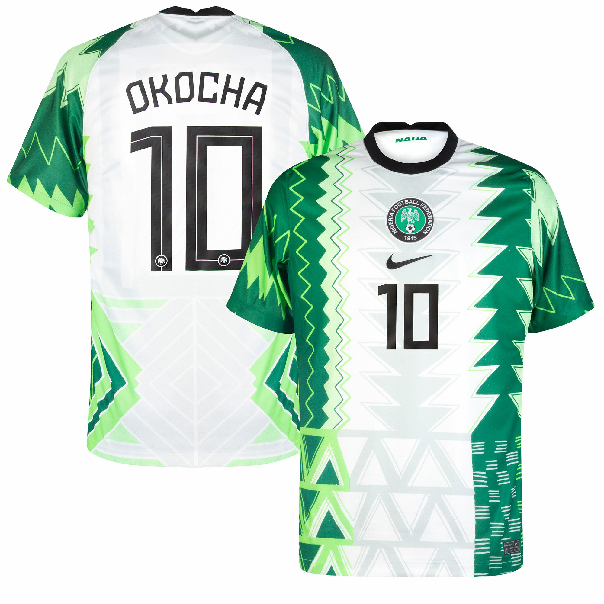 Nigérie - Dres fotbalový - bílý, oficiální potisk, sezóna 2020/21, číslo 10, domácí, Jay-Jay Okocha