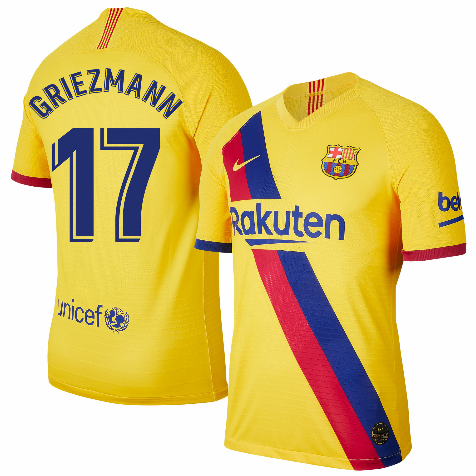 Barcelona - Dres fotbalový - číslo 17, fan potisk, sezóna 2019/20, žlutý, Antoine Griezmann, venkovní