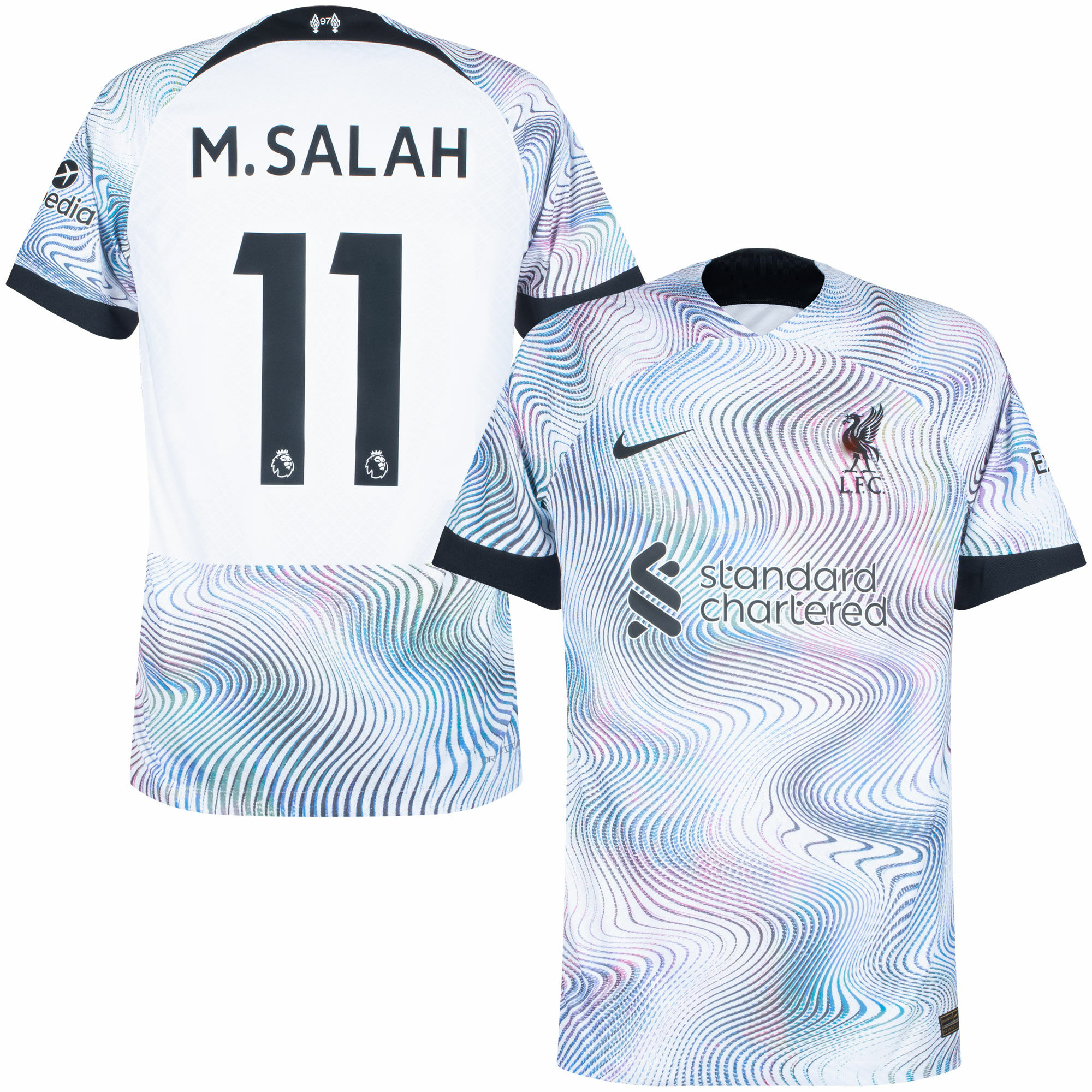 Liverpool - Dres fotbalový "Match" - Mohamed Salah, číslo 11, Premier League, bílý, sezóna 2022/23, Dri-FIT ADV, venkovní