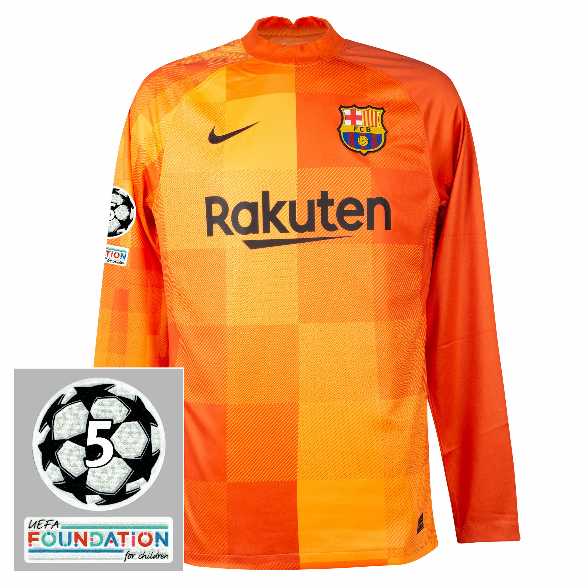 Barcelona - Dres fotbalový brankářský - sezóna 2021/22, oranžový, loga UCL, domácí, 5x vítěz a Foundation