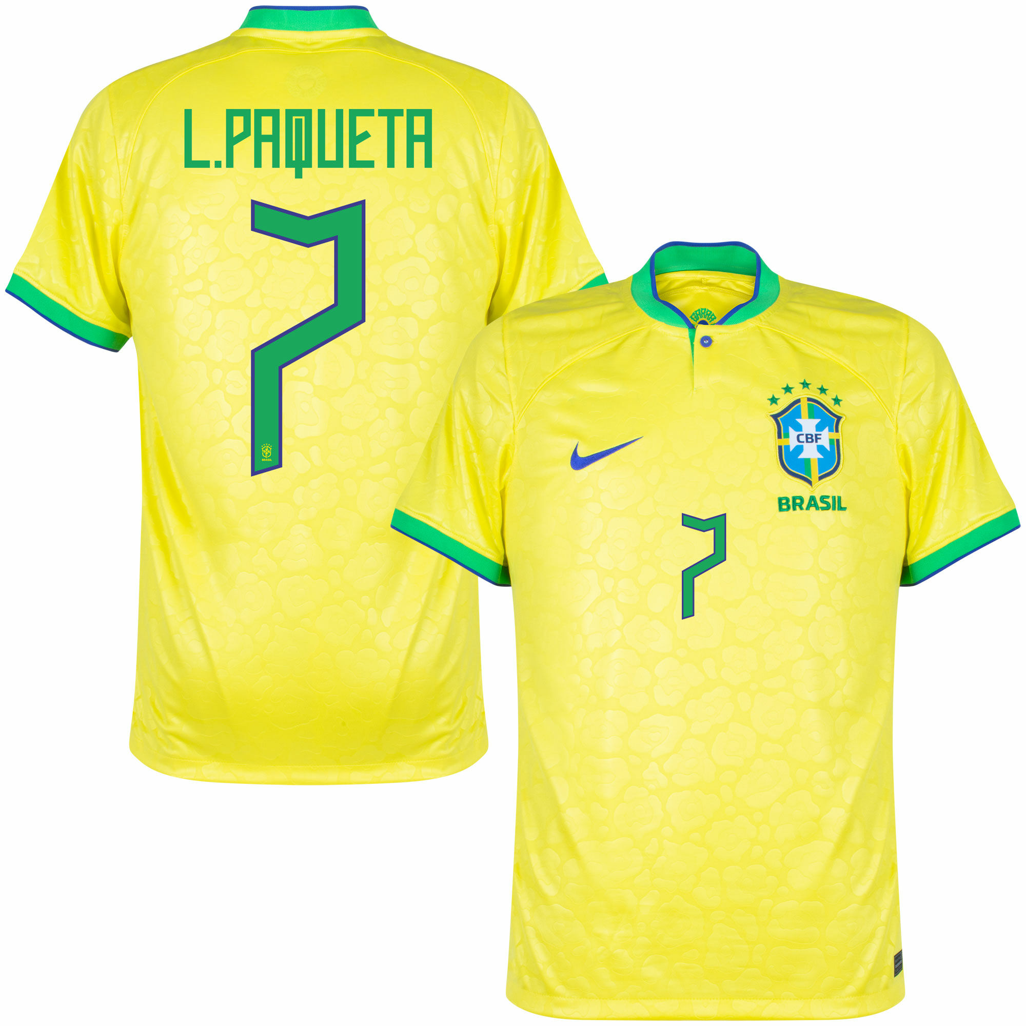 Brazílie - Dres fotbalový - oficiální potisk, žlutý, domácí, sezóna 2022/23, číslo 7, Lucas Paquetá