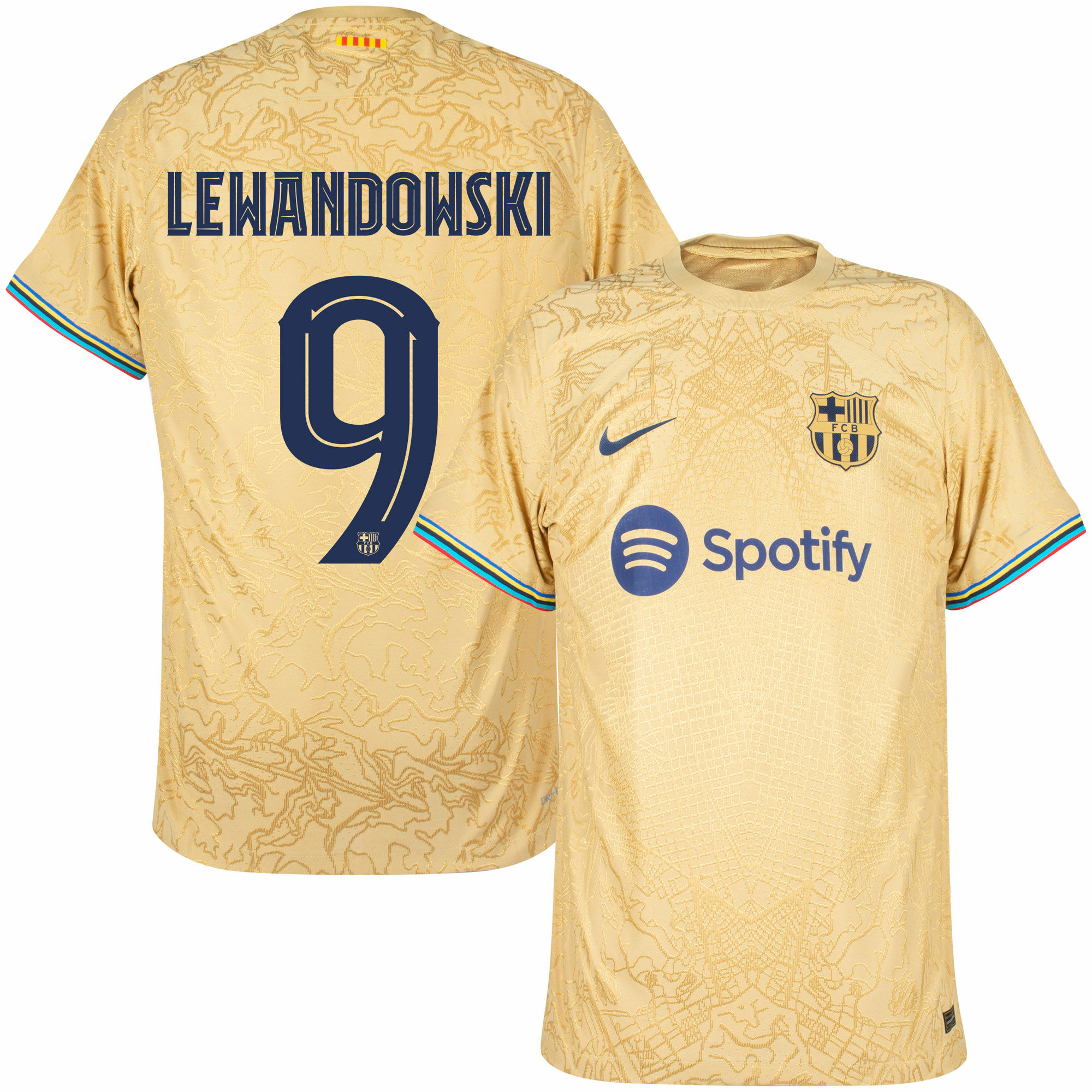 Barcelona - Dres fotbalový "Match" - Robert Lewandowski, oficiální potisk, žlutý, sezóna 2022/23, Dri-FIT ADV, číslo 9, venkovní
