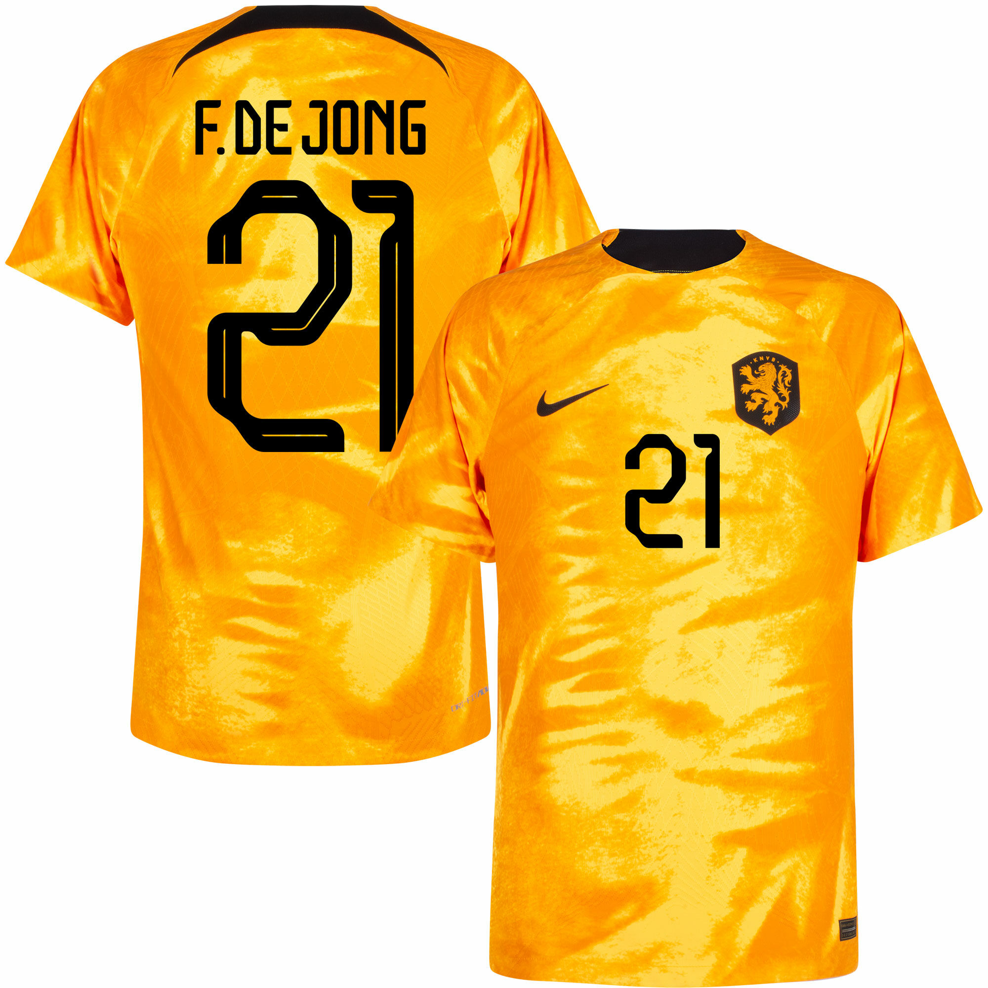 Nizozemí - Dres fotbalový "Match" - oranžový, oficiální potisk, číslo 21, Frenkie de Jong, domácí, sezóna 2022/23, Dri-FIT ADV