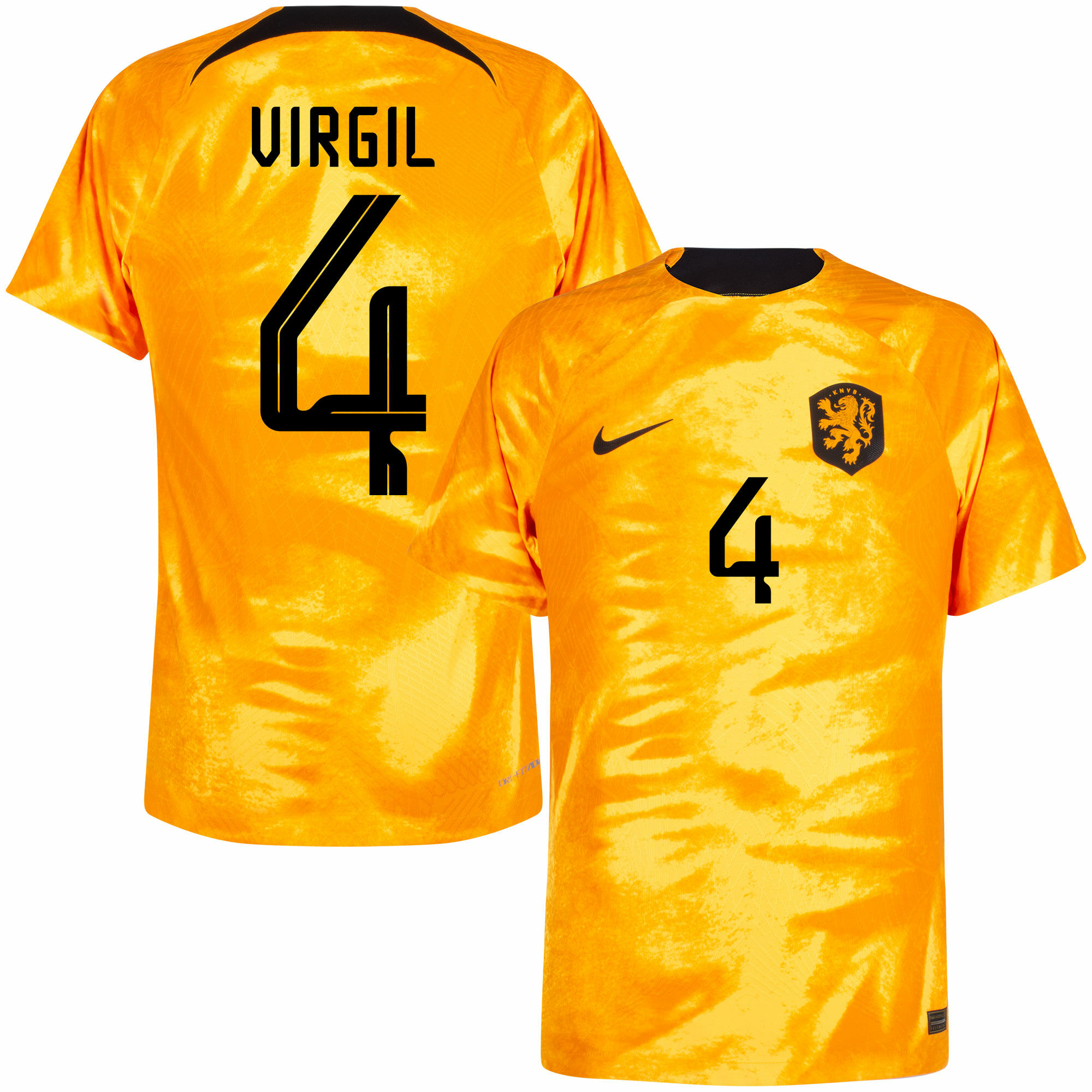 Nizozemí - Dres fotbalový "Match" - oranžový, oficiální potisk, číslo 4, domácí, sezóna 2022/23, Dri-FIT ADV, Virgil van Dijk