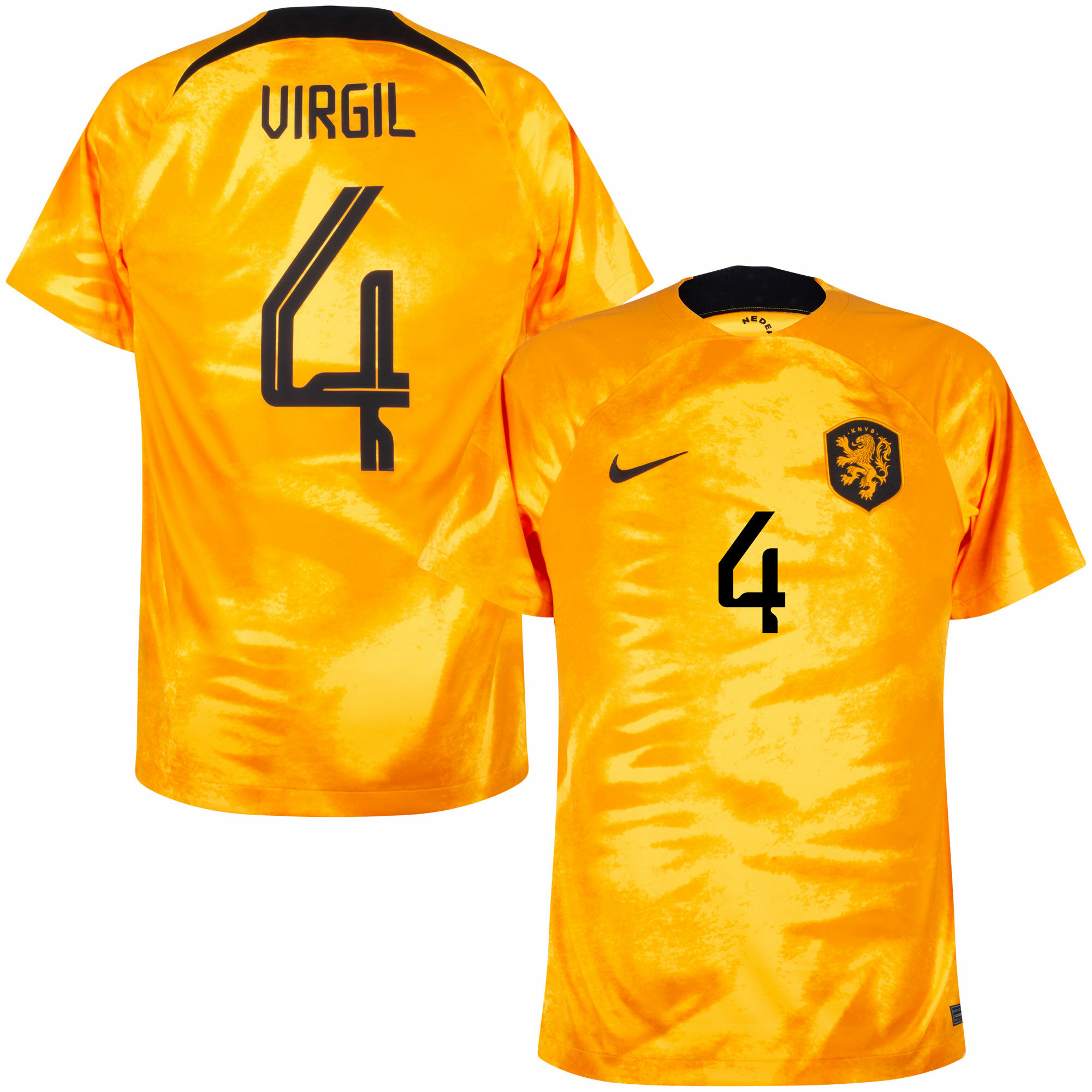 Nizozemí - Dres fotbalový - oranžový, oficiální potisk, číslo 4, domácí, sezóna 2022/23, Virgil van Dijk