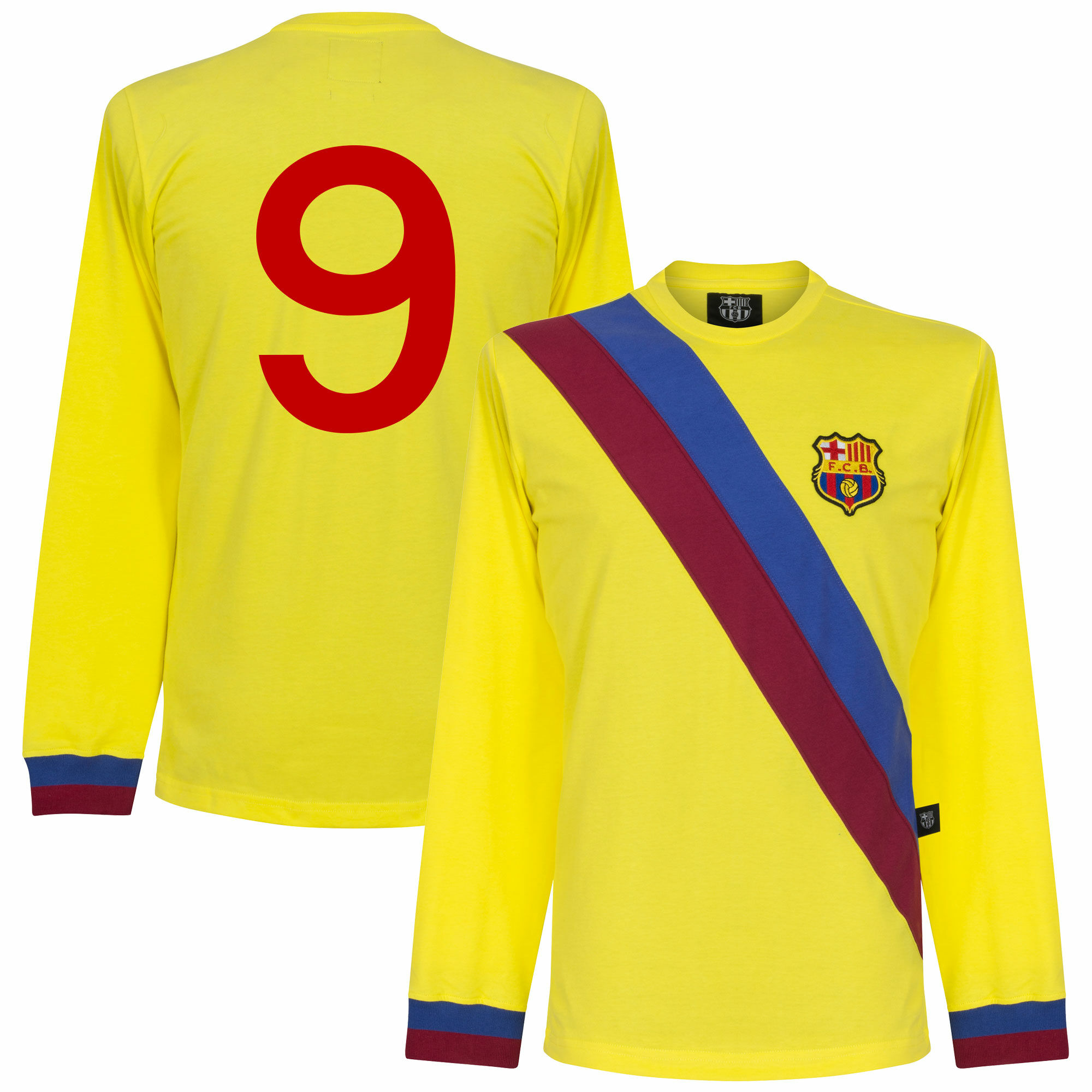 Barcelona - Dres fotbalový - retro potisk z plsti, retrostyl, dlouhý rukáv, žlutý, číslo 9, sezóna 1974/75, venkovní