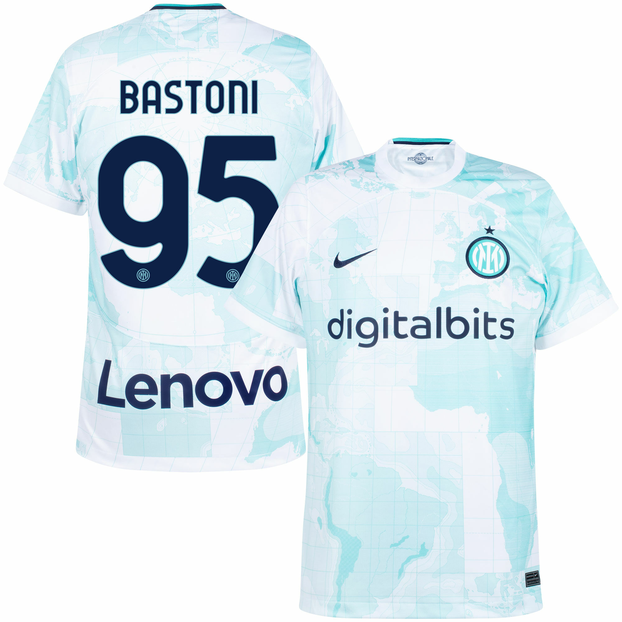 FC Inter Milán - Dres fotbalový - Alessandro Bastoni, číslo 95, oficiální potisk, bílý, sezóna 2023/24, venkovní