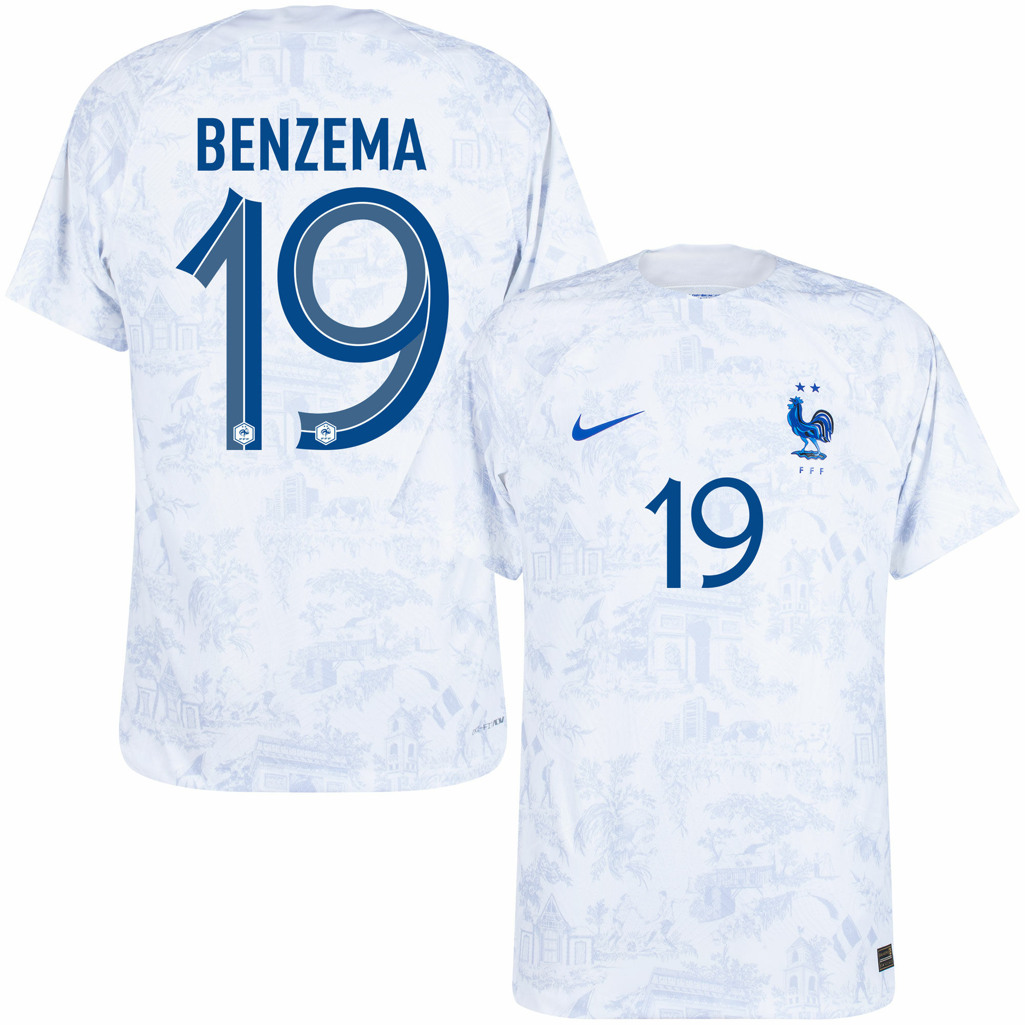 Francie - Dres fotbalový "Match" - číslo 19, Karim Benzema, oficiální potisk, bílý, sezóna 2022/23, Dri-FIT ADV, venkovní
